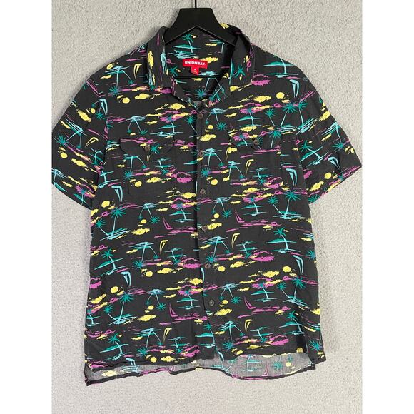 Unionbay Tropical Print Short Sleeve Button Shirt Black Rayon‎ Men's Medium - Picture 4 of 7
